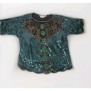 Vtg 90s Blue Green Sequin Beaded Silk Formal Top Party Y2K Gatsby Glam Sz Large